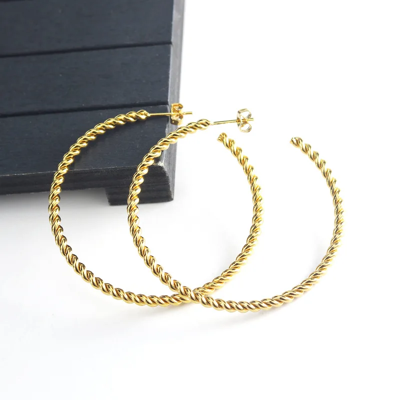 

HongTong 2021 Amazon Hot Selling 18K Gold Stainless Steel Twist Chain Round Big Earrings Women Earrings, Picture