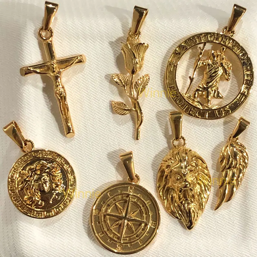 

Olivia Hot Sell Compass Pendant Gold Angel Wing Lion Charms Stainless Steel Rose Cross Round Medusa Christopher Pendant Jewelry