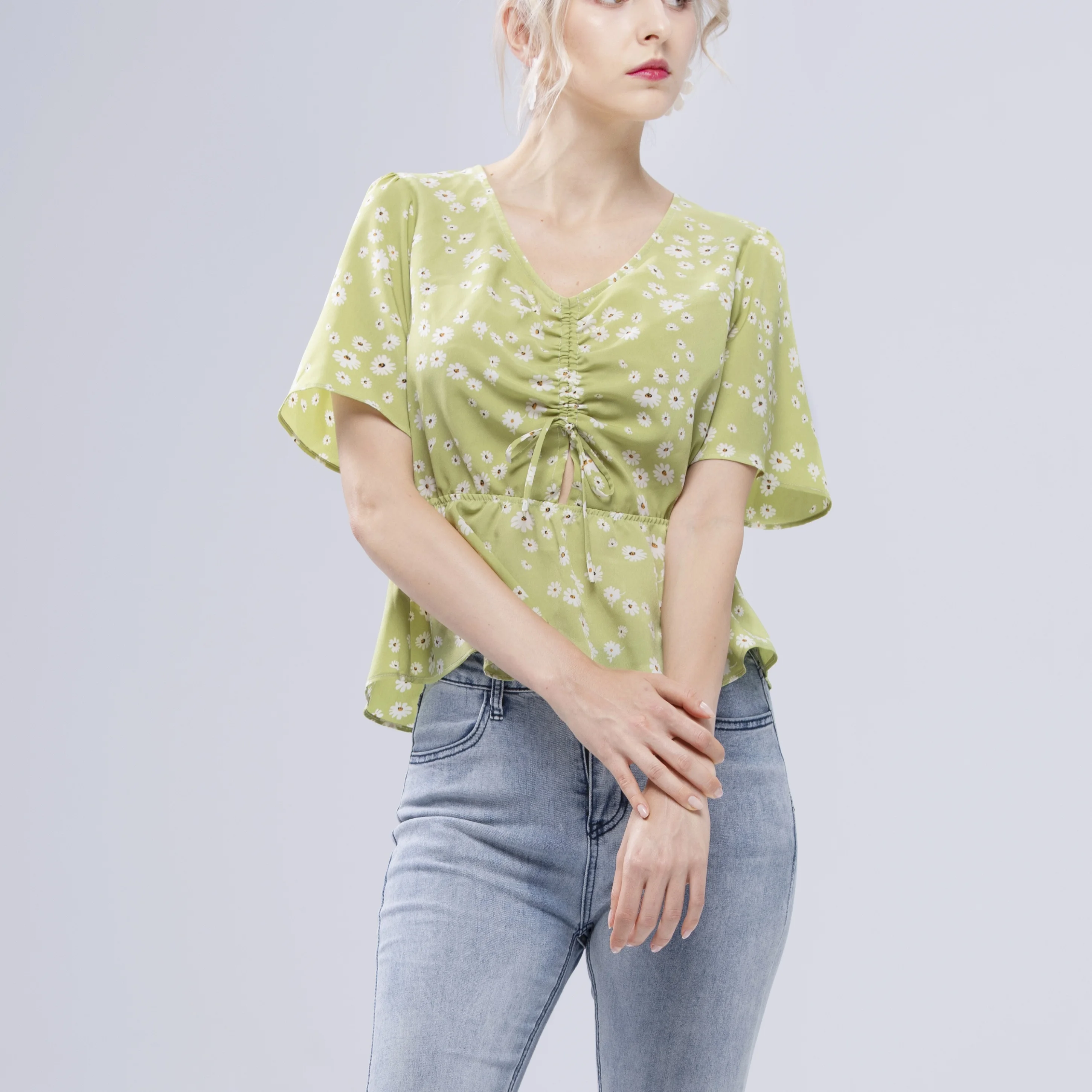 

Woman Casual Short Sleeve Waist Elastic Elegant Floral Print Summer Chiffon Tops Blouses