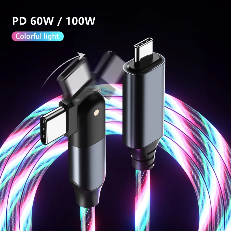 

LC2A 2021 New PD 60W 3A 100W 5A Quick Charge 180 Degree Rotation LED Flowing Light USB Type C To Type C Fast Data Charging Cable, Blue, green,red, multi color