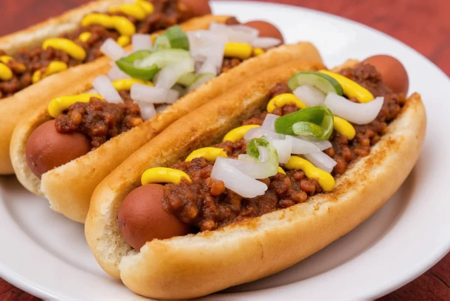 Homemade chili dogs with mustard, chili topping, and onions served on a plate