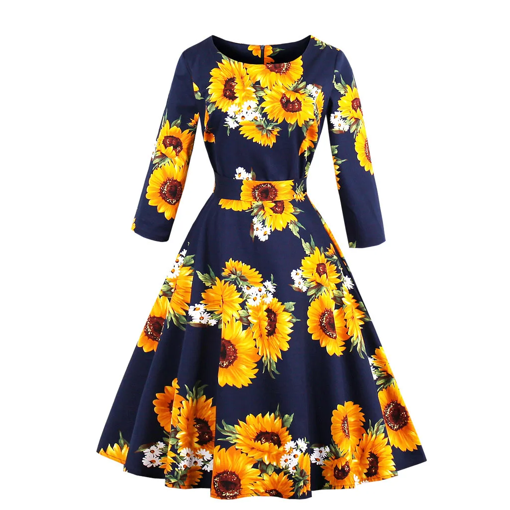 

Hot Sale Women'S 3/4 Sleeve Retro Print Flamingo Dress Women Summer, As shown in the pictures, color can be customized.