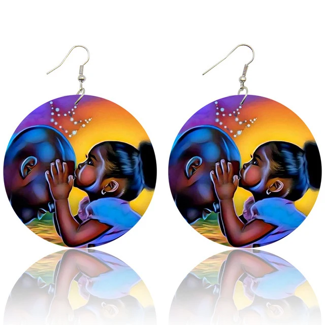 

Black Lives Matter Black is Beautiful Women Jewelry Natural Wood Melanin Poppin Afro Girl Art Power Fist Pattern Drop Earrings