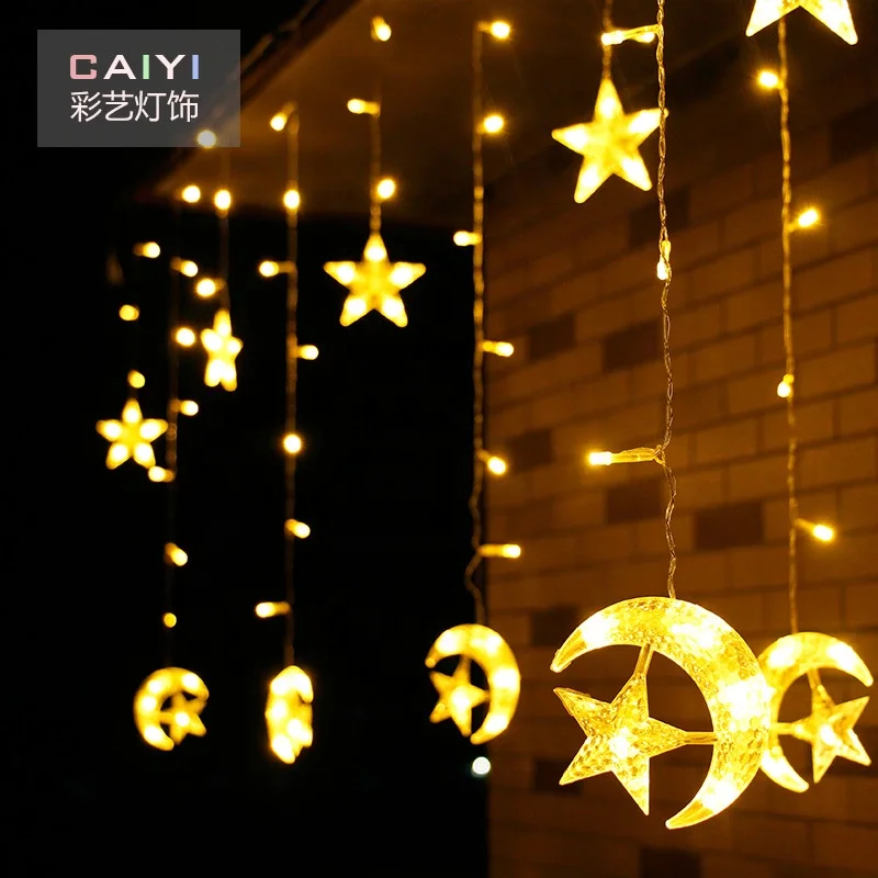 138 LED Romantic Window Curtain  Moon Star Curtain String Lighting with 8 Flashing Modes Decoration for Christmas Decoration