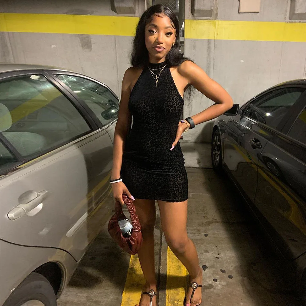 

Sexy Leopard Print Mini Sleeveless Dress Mesh Flocking Bodycon Dress See Through