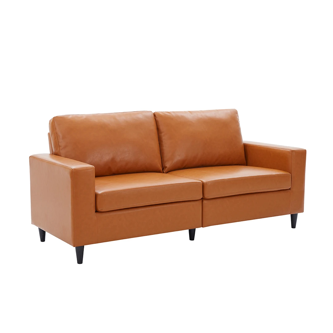 

75 in Wide Square Arm Faux Leather Mid-Century Modern Straight PU Sofa in Orange with Loveseat Set, Optional