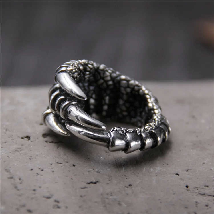 

S925 Sterling Silver Eagle Claw Ring Thai Silver Retro Antique Punk Style Men's Ring Fine Jewelry