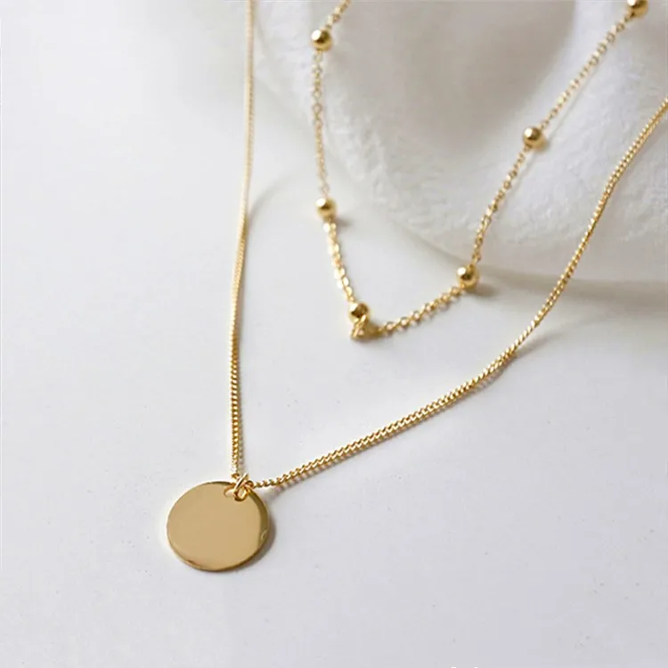 

Jewellery Silver 925 Sterling 18k Gold Plated Blank Disc Bead Chain Choker layered 925 Sterling Silver Necklace For women