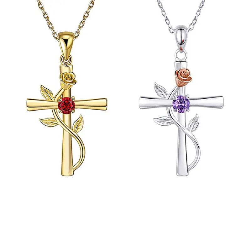 

SC Wholesale 12 Colors Birthstone Pendant Necklace Birthday Gifts Trendy Rose Flower Wrapped Crystal Birthstone Cross Necklace, Gold, silver