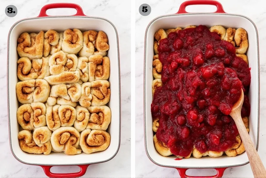 Step-by-step cinnamon roll dump cake preparation showing canned rolls arranged in baking dish with cherry filling poured over top