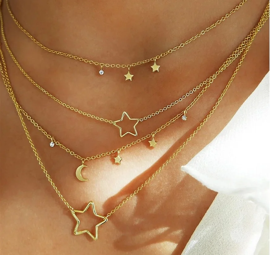 

Wholesale Star Moon Choker Girls Pendant Custom Gold Plated 925 Sterling Silver Fashion Women Jewelry Necklace
