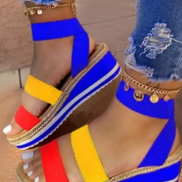 

Women's Shoes New Style Slope Heel Color Matching Fashionable Sandals In Summer 2020 Sandals, Black , yellow , blue , rose