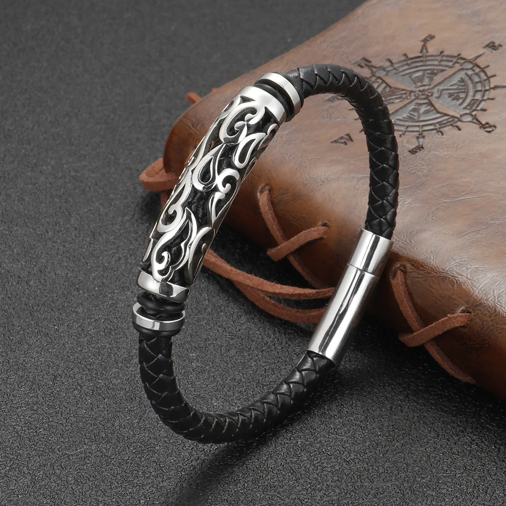 

Bracelet de luxe Men Vintage Stainless Steel Magnetic Clasp Bracelet Hand-woven Cowhide Genuine Leather Bangles