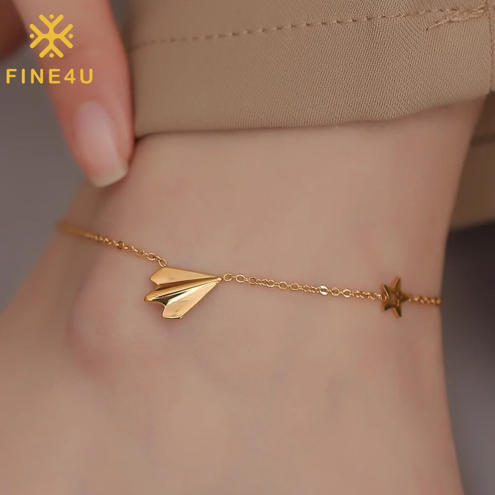 

Non Tarnish Water Proof Jewelry Fashion Paper Plane Star Charm Stainless Steel Anklets For Women 18K Gold