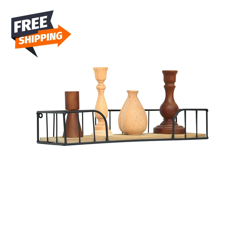 

Free Shipping Vintage Living Room Book Plant Metal Basket Wall Shelf Wood Floating For Decor