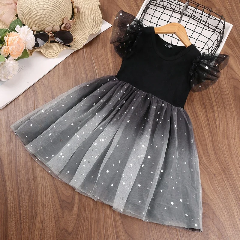 

New Fashion Black Ruffle Sleeves Star Tulle Dress Baby Birthday Dress