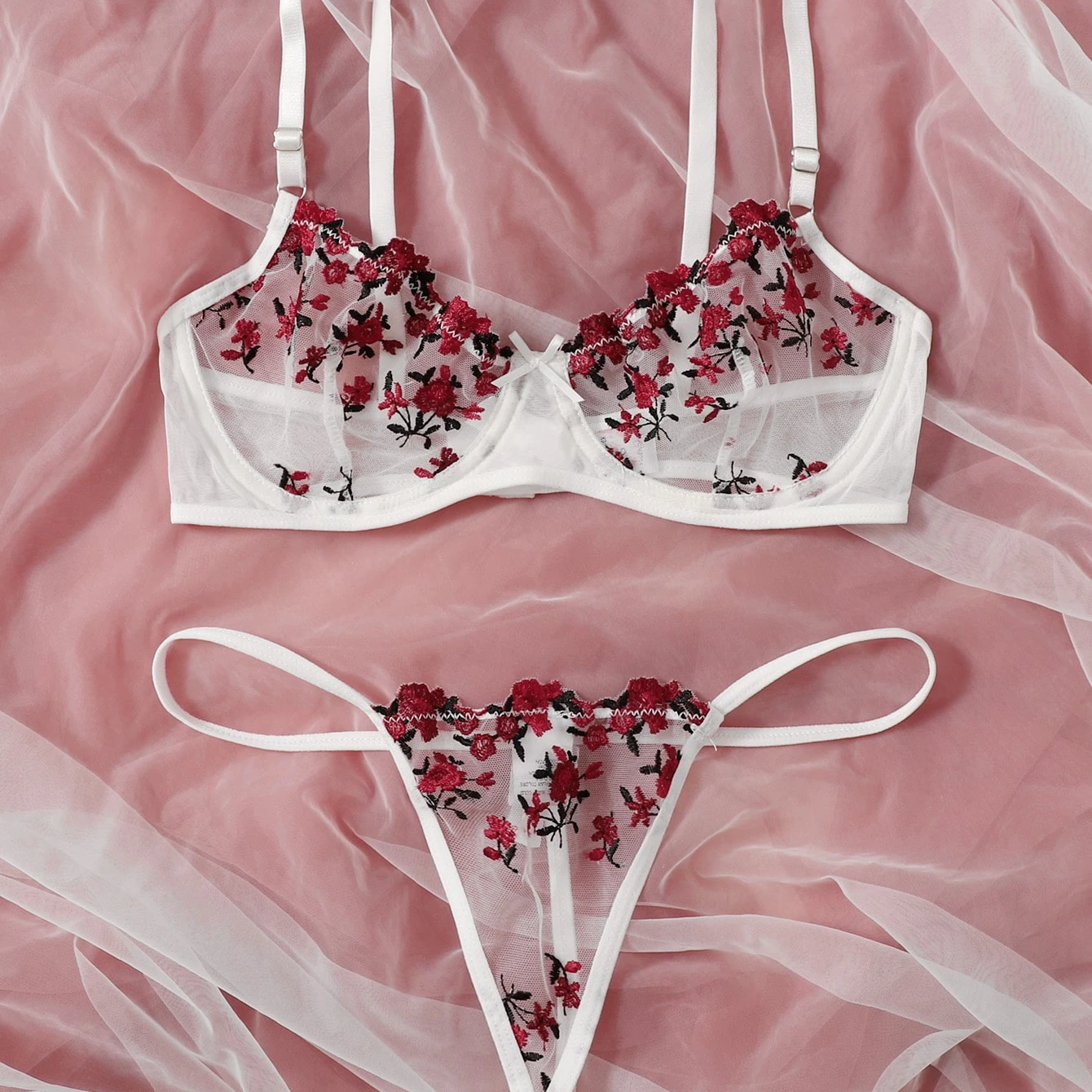 

Hot selling young lady sexy transparent lingerie floral bra panty set