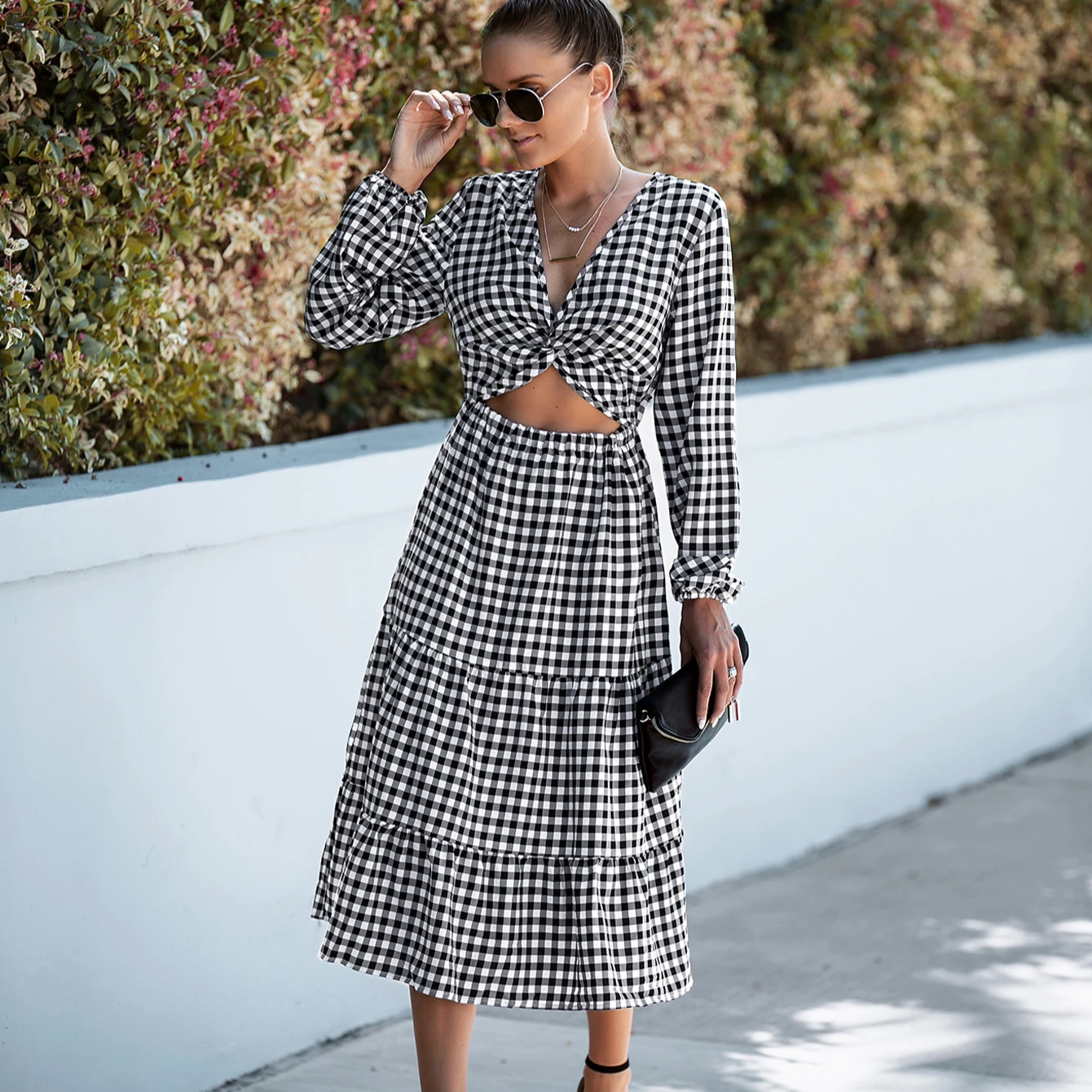 

PRETTY STEPS PSK2143040 2022 Spring New Arrival Womens Long Sleeve Checkered Two-Piece Casual Tiered Dress