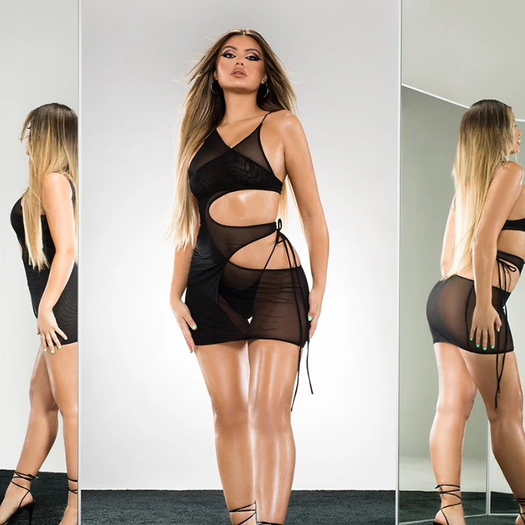 

Sexy Fashion Irregular Hollow Out Sleeveless Dress Night Club Wear For Ladies, Black