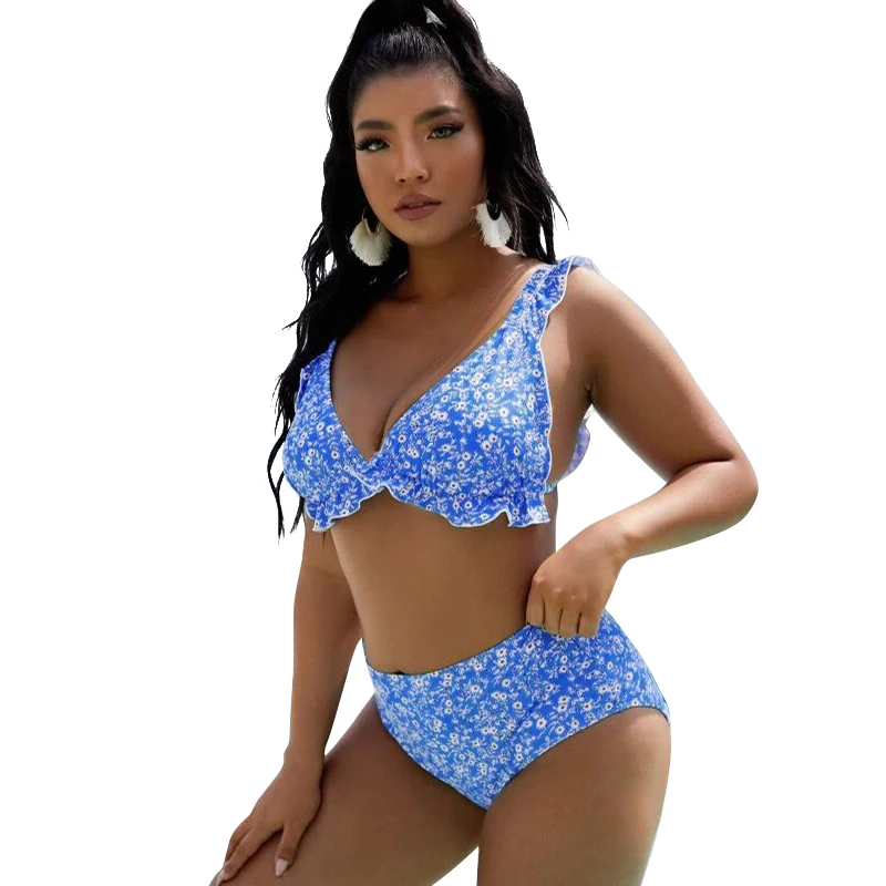 

Custom Women Plus Size Bikini Lace Trim Flower Printed Sexy Eco Friendly Recycled Nylon Swimwear Summer Blue Bikini Set