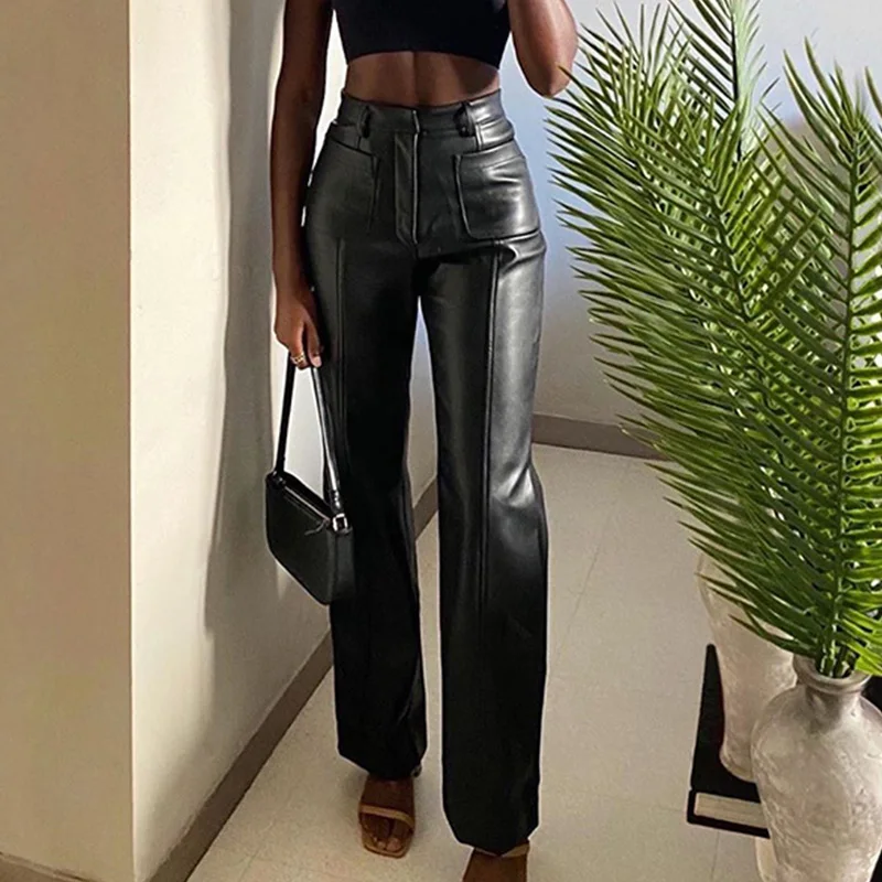 

New Amazon Hot Sale High Waist PU Leather Trousers Women Button Straight Long Faux Leather Pants, Black/brown