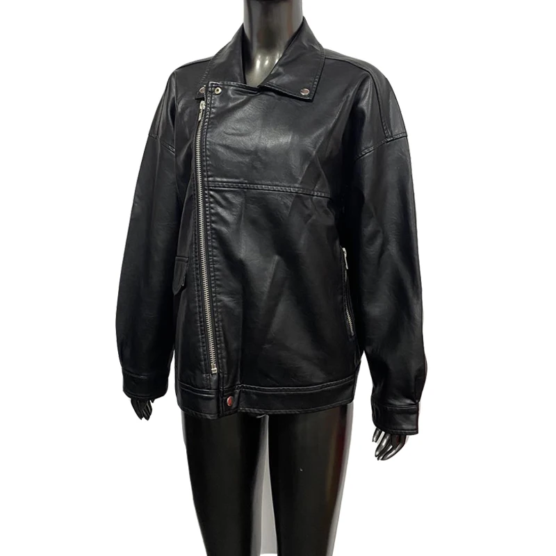 

Fashion oversized 100% polyester pu black biker leather jacket women 2021