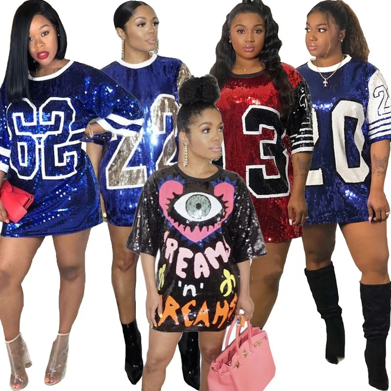 latest design baseball jersey dress girls loose sequin shirt dress above knee
