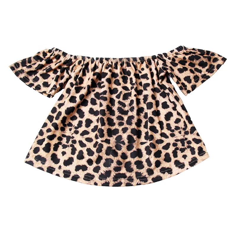 New design fashion Cheetah Print off shoulder strapless newborn baby girl shortsleeve tops blouses
