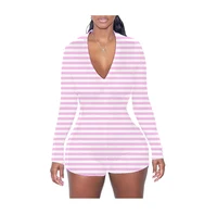 

OEM Pink Stripe Color Stretchy Onesie V Neck Sexy Adult Onesie Short Bodycon Sexy Rompers Adult Pajamas For Women