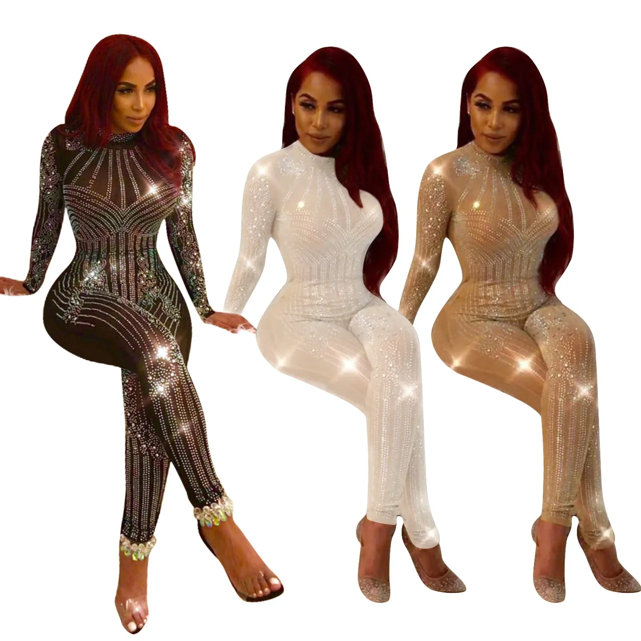 

Hot seller custom fashion long sleeve mesh jumpsuit sexy rhinestone hot drilling see through luxury jumpsuits for women, Picture color