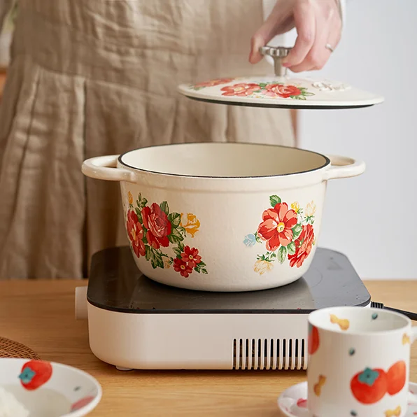 

Kitchenware Flower Pattern Rice Soup Cookware Enamel Cast Iron Cooking Pot Casserole 30741