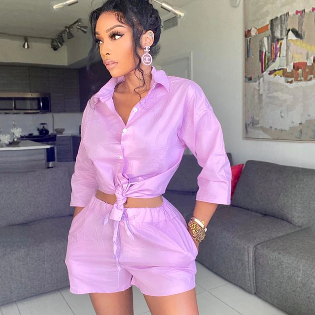 

Solid Color Button Down Two Piece Set Solid Streetwear Outfit Women Fall Clothes 2021 Trendy Blouse 2 Piece Short Sets, White,purple,black