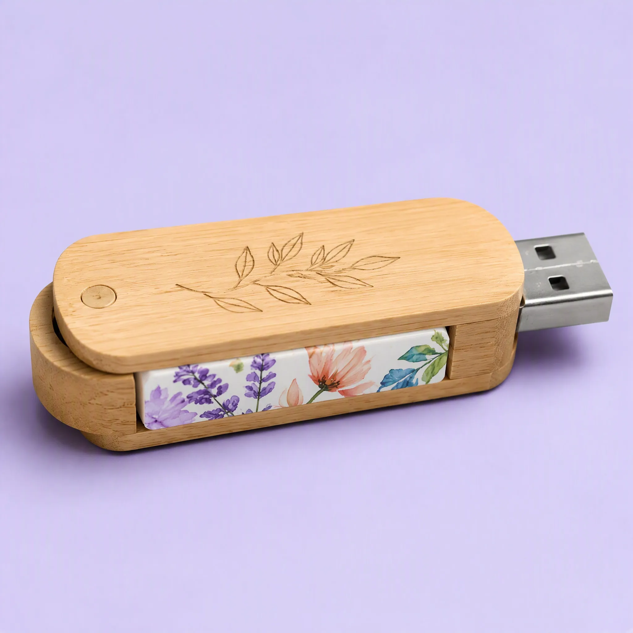 Low-Angle Perspective View Focusing on Flush Wooden Pivot Pin, Floral Side Panel, and USB Connector