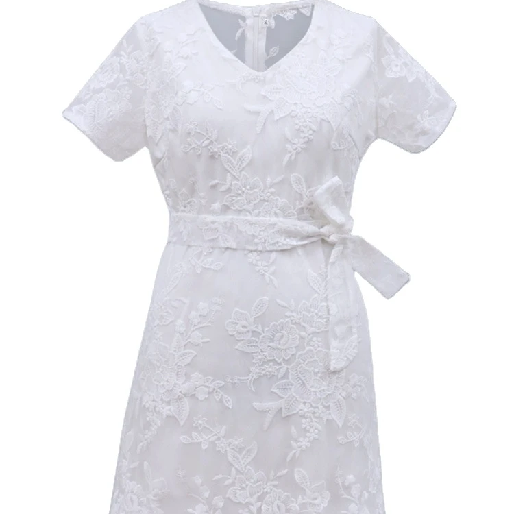 

Summer new women's dress patchwork skirt sexy lace tie-in V-neck plain white dress skirt basic