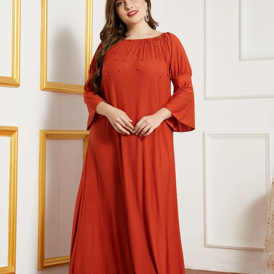 

Plus size pleated beaded long sleeve dress evening dress for muslim, Red