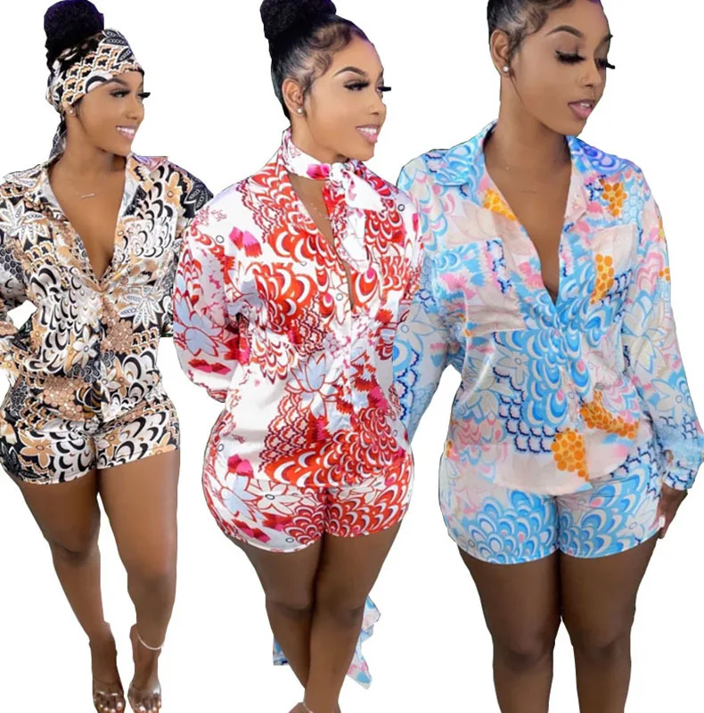 

Fashion Printing Long Sleeve Blouses T Shirts And Shorts Pants Two Piece Set For Women, 3colors