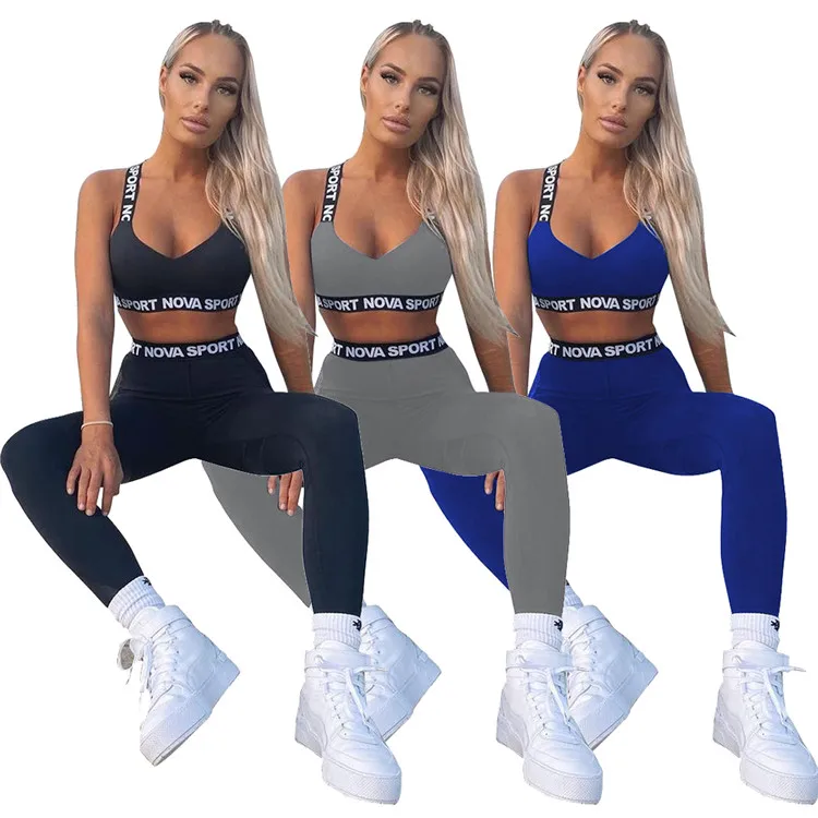 

Women Clothing Letter Print Fitness Tracksuit Women Sport Wear Two Piece Set Tank Top Bra Striped Leggings Active Wear Outfit