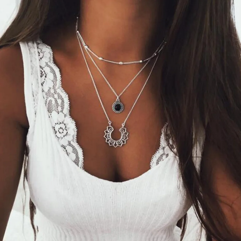 

Bohemian fashion vintage multi-layer women lotus pendant necklaces black gemstone sun flower jewelry necklaces wholesale, 1 color