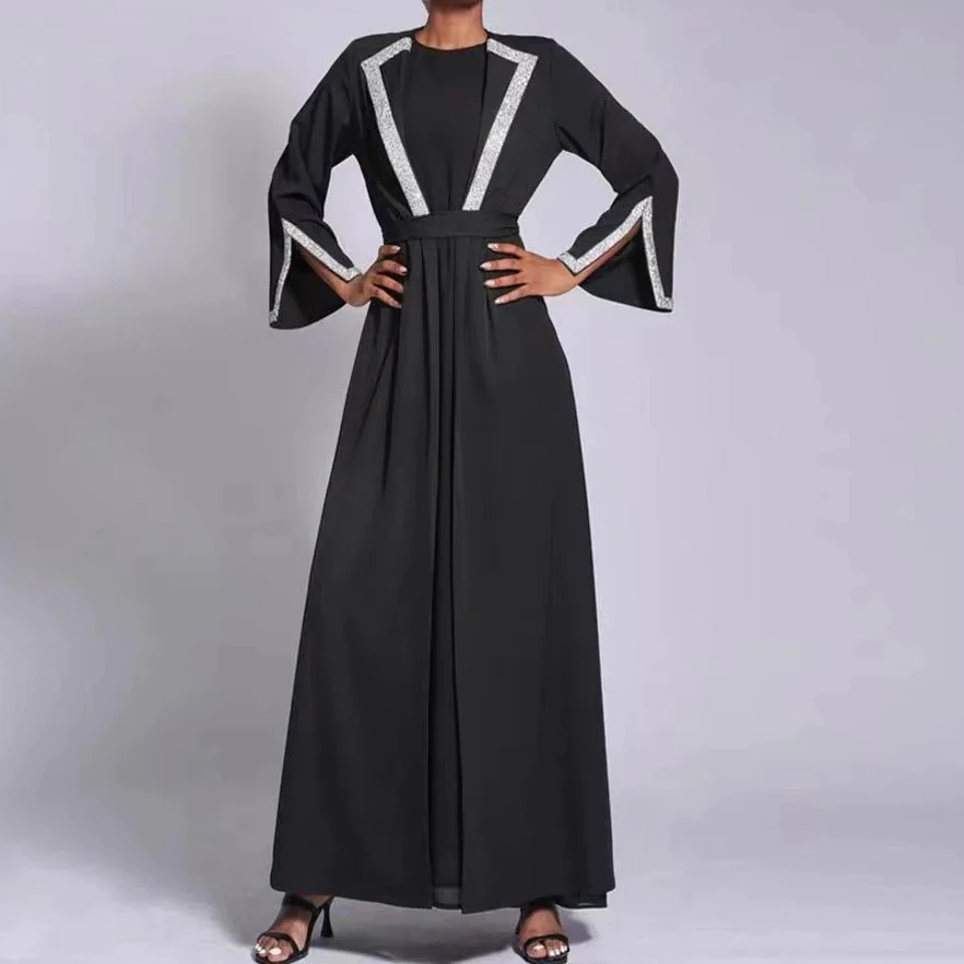 

wholesale Custom Eid Dubai Elegant Turkey Luxury Modest Abaya Black Women Muslim Dress Abaya Kaftan Rhinestone Blazer Open Abaya