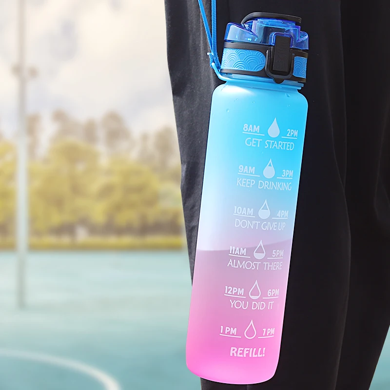 

Sports Fitness Workout Plastic Tritan Water Bottle with Time Markings & Measurements 1000ml/32OZ With fruit injector&Cloth bag, Customized color