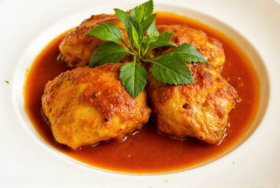 Perfectly cooked paprika chicken with golden chicken thighs in rich red sauce served with boiled potatoes and fresh parsley