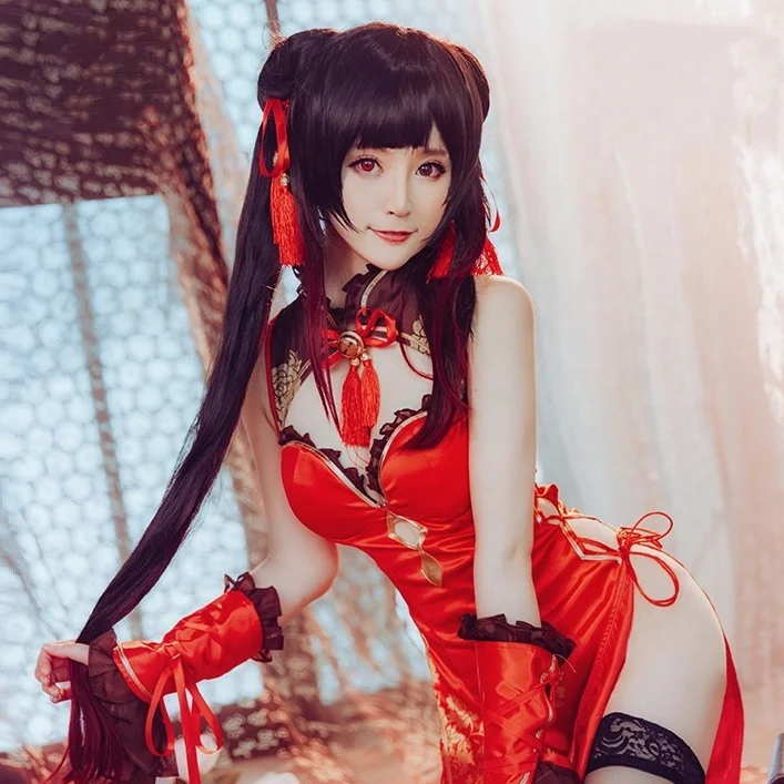 

sexy anime cosplay DATE A LIVE costume Tokisaki Kurumi cheongsam women, Red