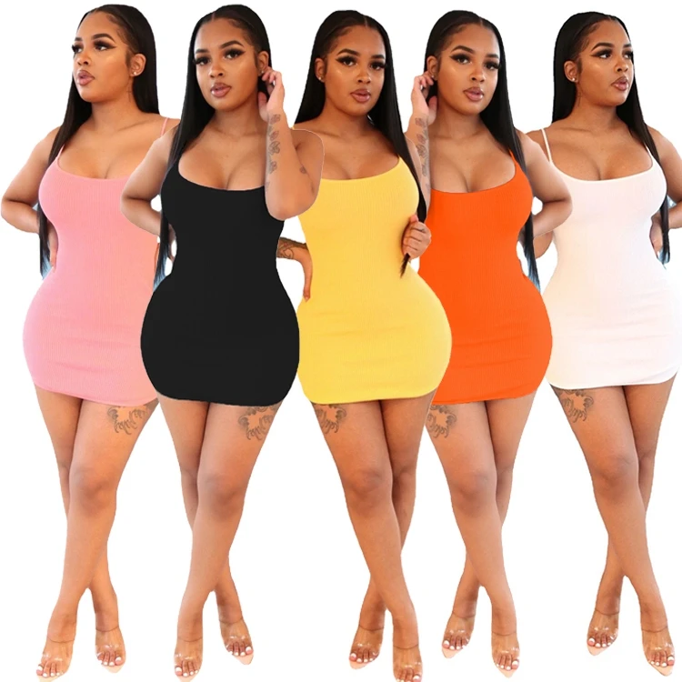 

Sexy New Style Amazon Fashion 2021 Summer Spaghetti Sleeveless Sexy Mini Dress Party Women Dresses Pure Color Above Knee