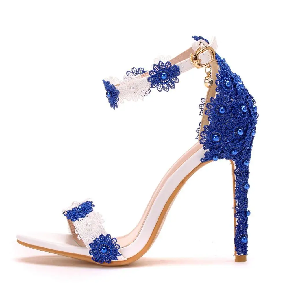 

Crystal Queen Women Sandals White and blue Lace Fine High Heels Slender Bridal Pumps Wedding Shoes Peep Toes Buckle Strap Pumps