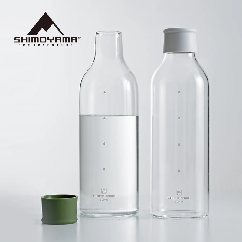 

SHIMOYAMA Outdoor 500ml Borosilicate Glass Dringking Water Bottle with Food Grade Cover, Clear with green/gray-white lid