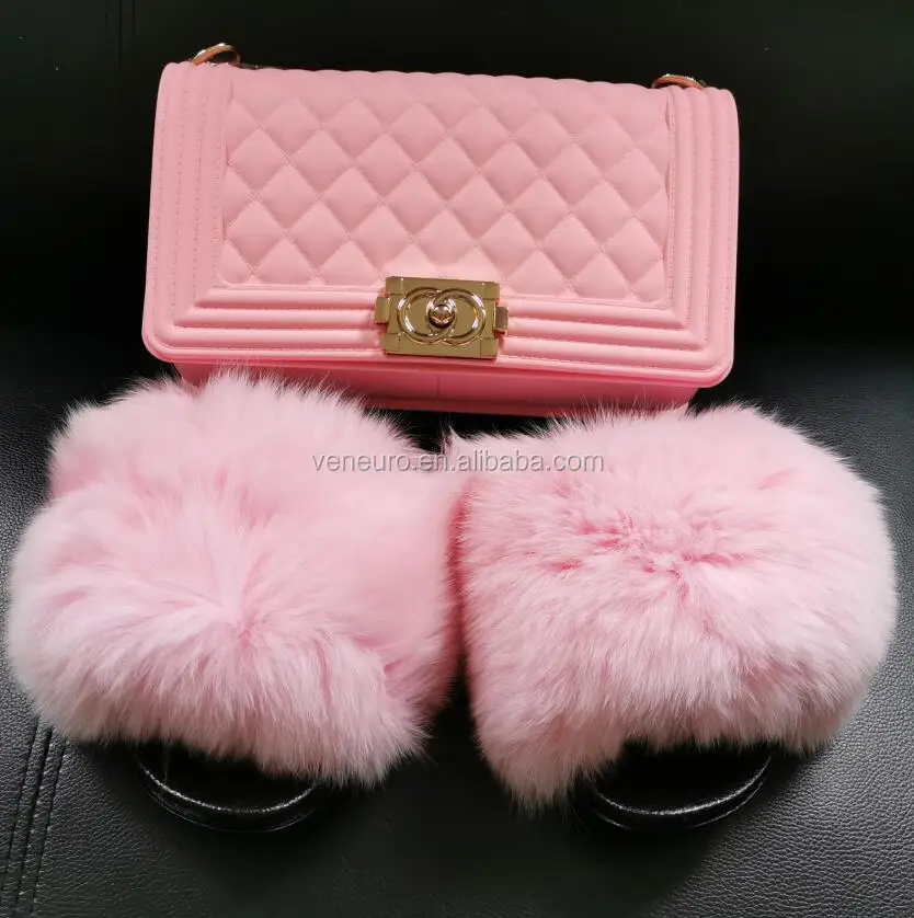 

2021 Fashion luxury chain rainbow purse lady colorful bags candy jelly hand bags fox fur slides slippers set, Customized color