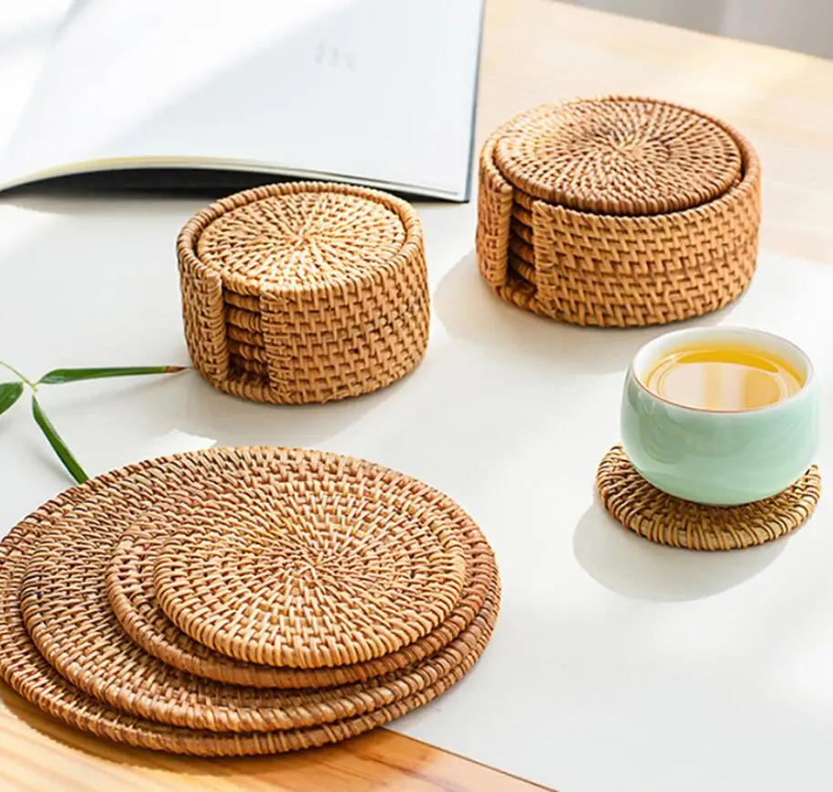 

Eco-friendly Handcrafted Coffee Cup mat Tea Teapot Vine Placemat Woven Trivets Rattan Coaster Decorative Holder for Kitchen Tab, Natural