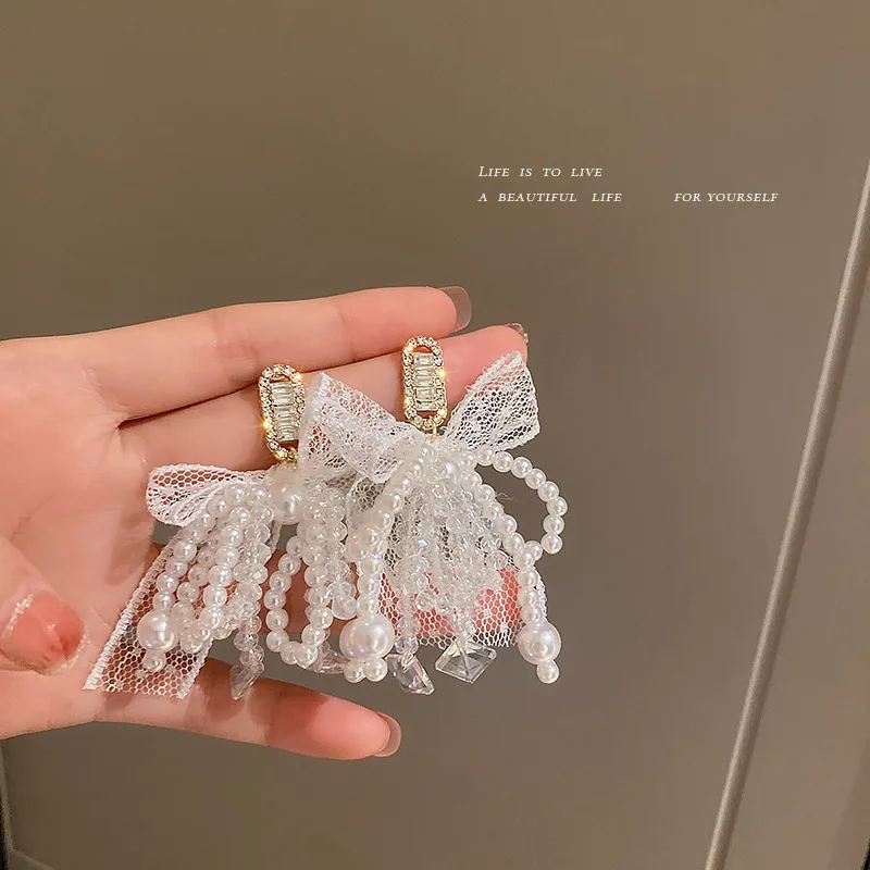 

fashion trendy lace drop pearl earring bows