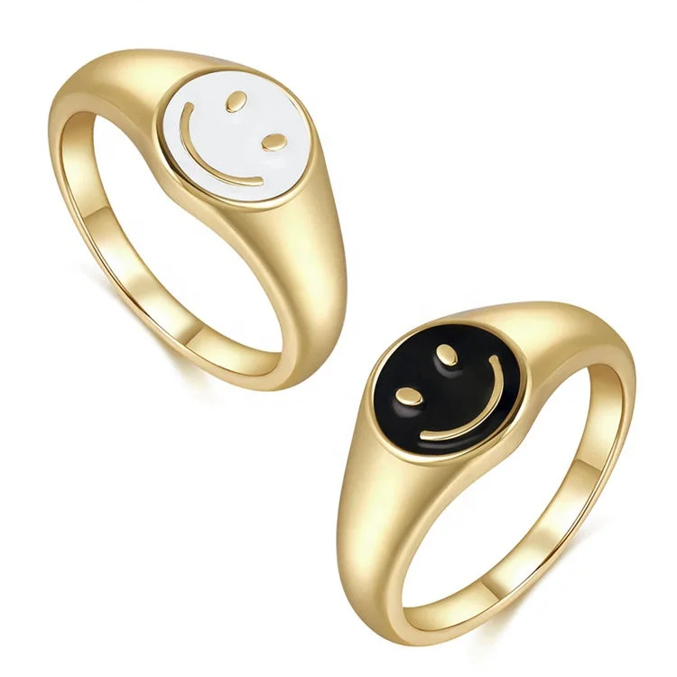

Women Fashion Jewelry Enamel Signet Ring Stainless Steel Happy Smile Face Ring 18K Gold Plated Smiley Face Rings, Gold, rose gold, steel, black etc.