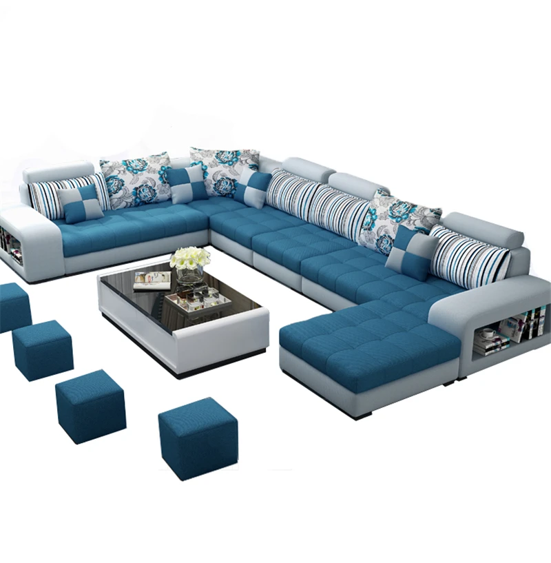 
cheap home Furniture 7 Seater modern European wooden fabric U shaped Chaise Lounge sectional couch living room sofa set 